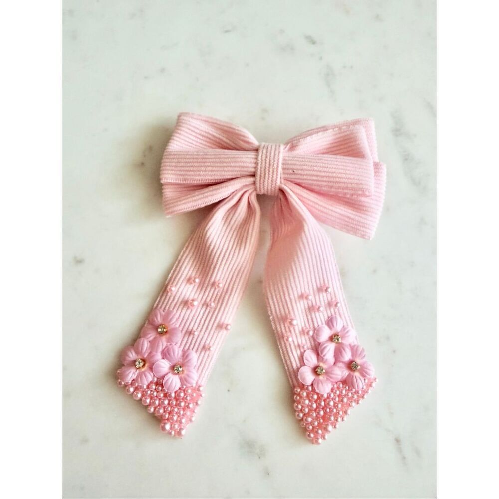 Light pink Pearl Floral Ribbon Hair Bow Clip | Romantic Bridal Coquette - Picture 3 of 5
